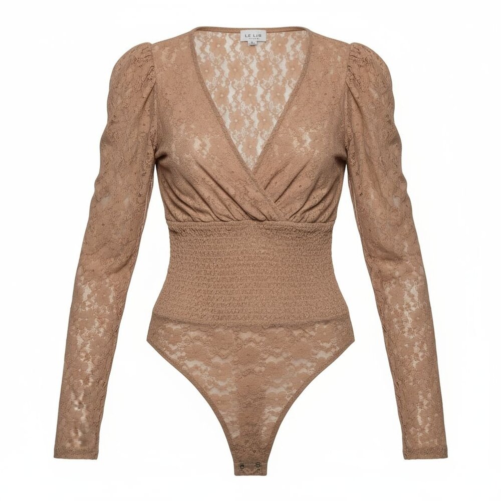 Le Lis Bodysuit Womens Small Tan Sheer Lace Long Sleeve Smocked Waist Fairy